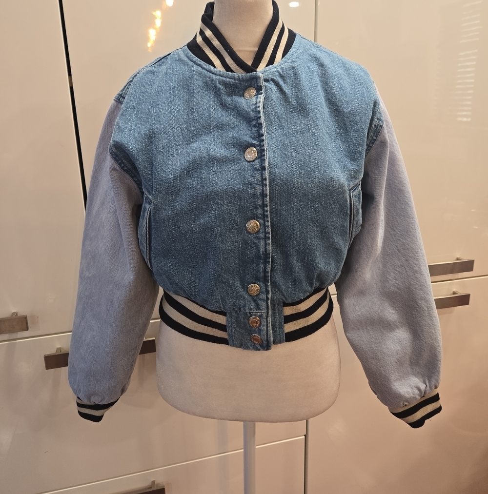 Topshop Womens Blue Denim Cropped Varsity Bomber Jacket Quilted Lining Small 4
